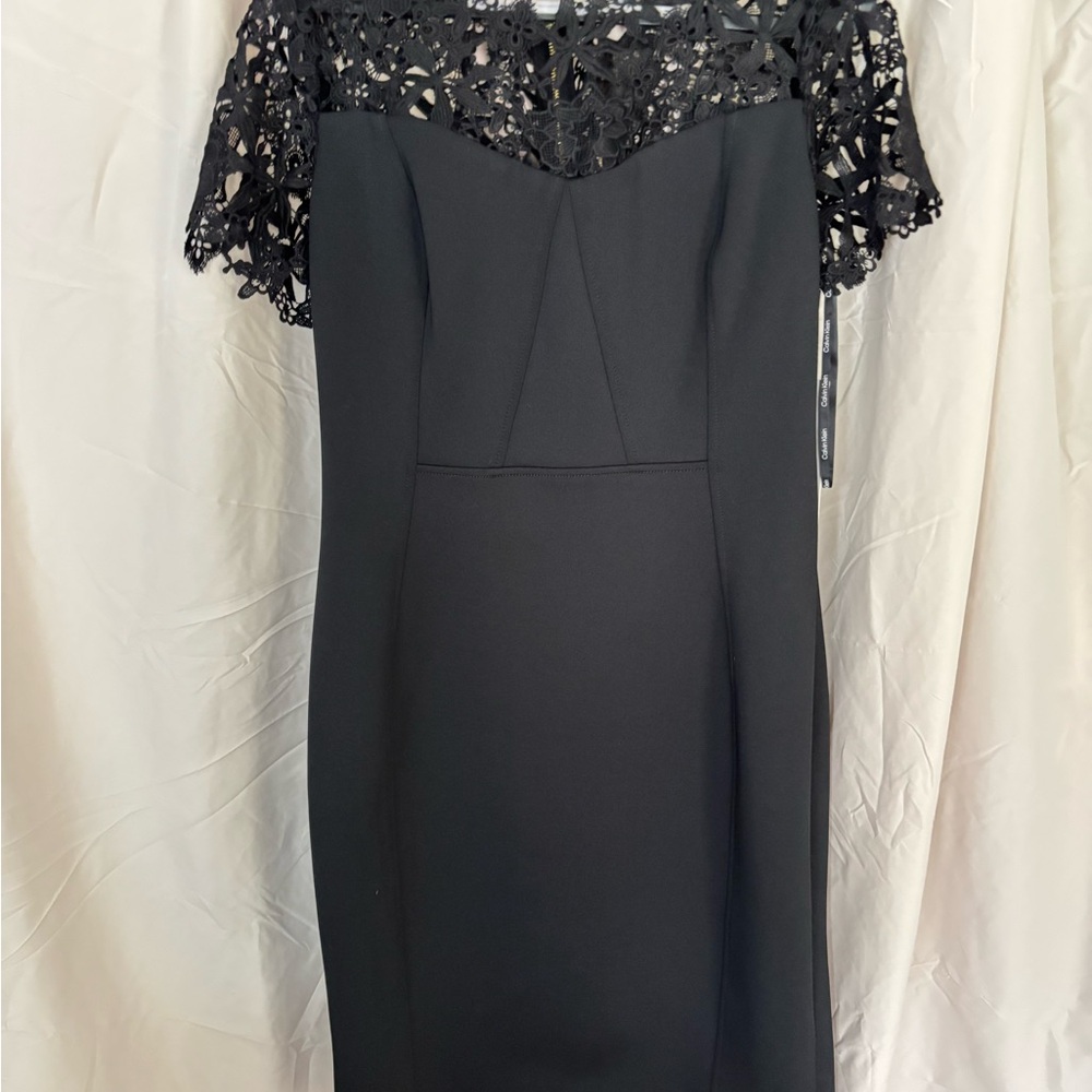 Calvin Klein Black Lace Long Sleeve Dress size 12 body con. With tags